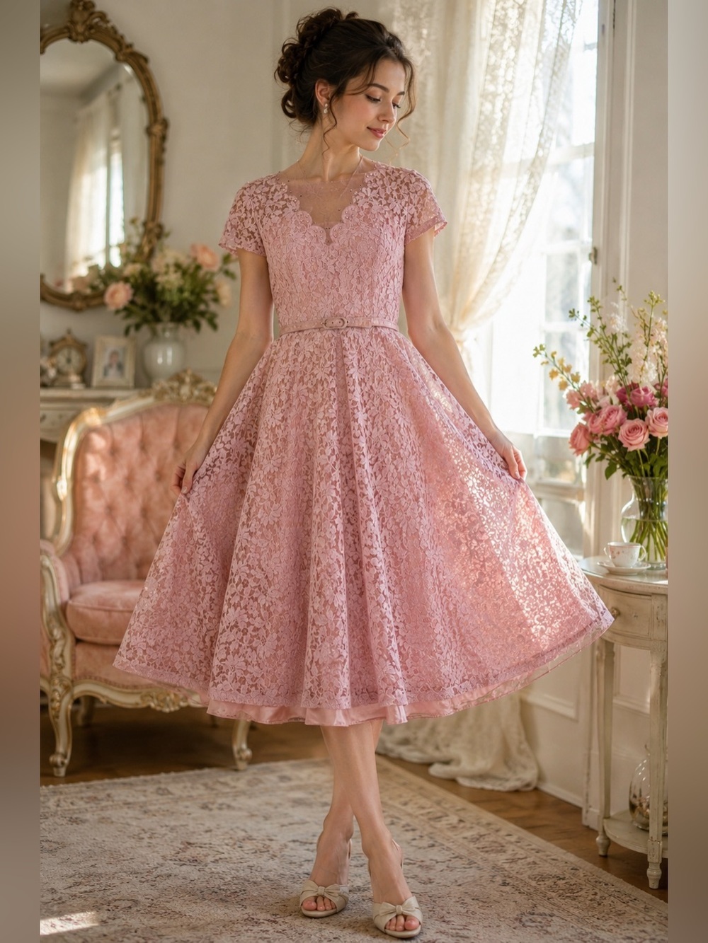 Vintage Mme Renauld Frocks Womens Sz L Pink Lace Fit/Flare Dress 1950-1960s